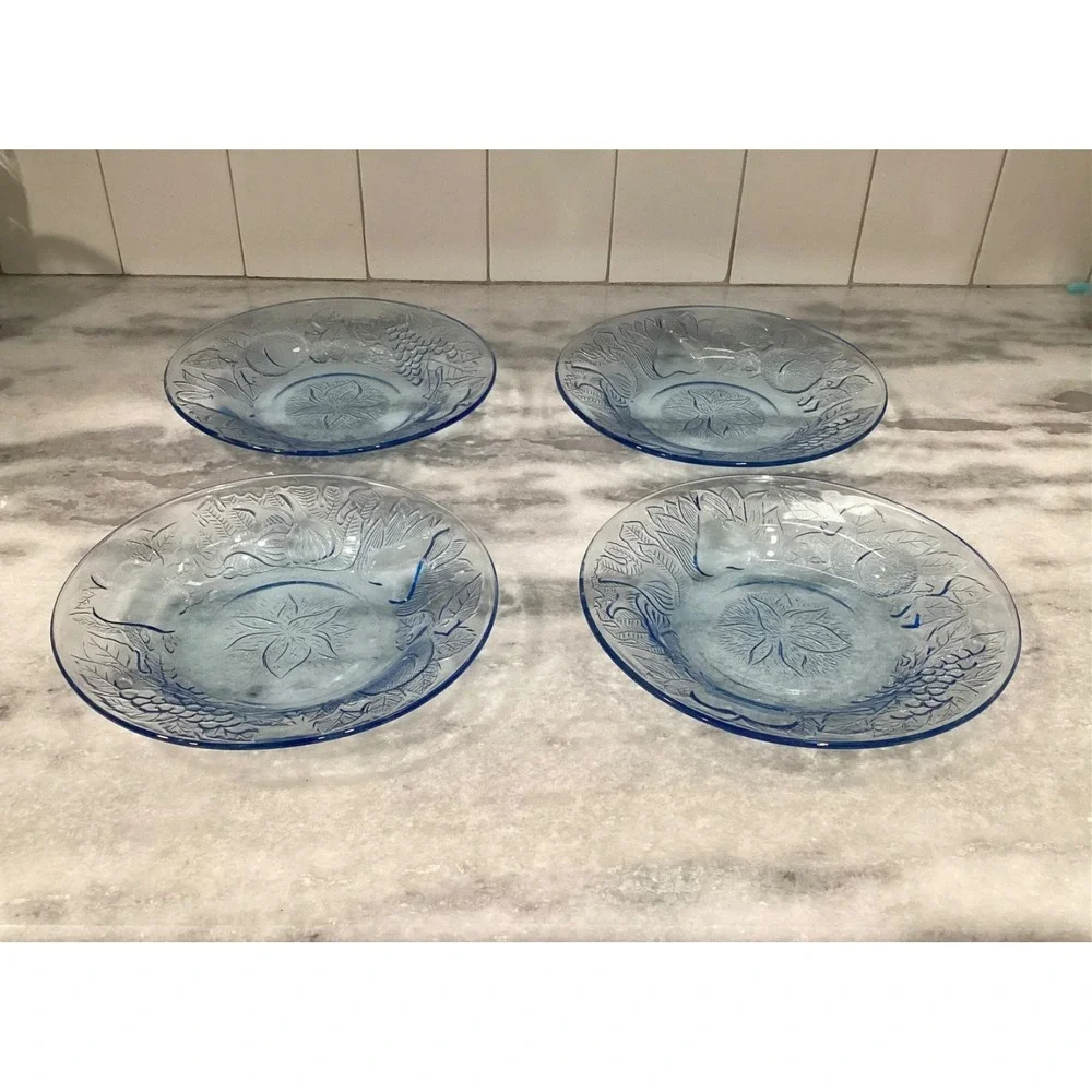 Set of 4 KIG Indonesia Poinsettia Blue Glass Plates Embossed Fruit 8.5